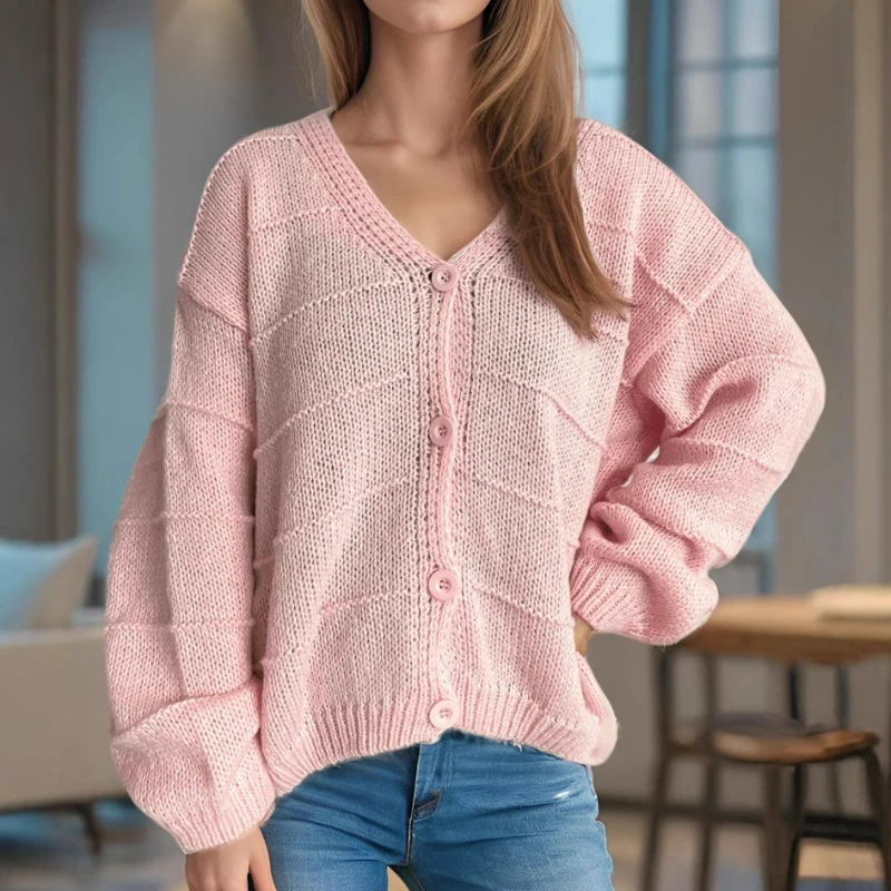 Women Solid Button Cardigan Sweaters V Neck Splice Knit Jumpers Casual Loose Long Sleeve Elegant Office Lady Autumn 2025
