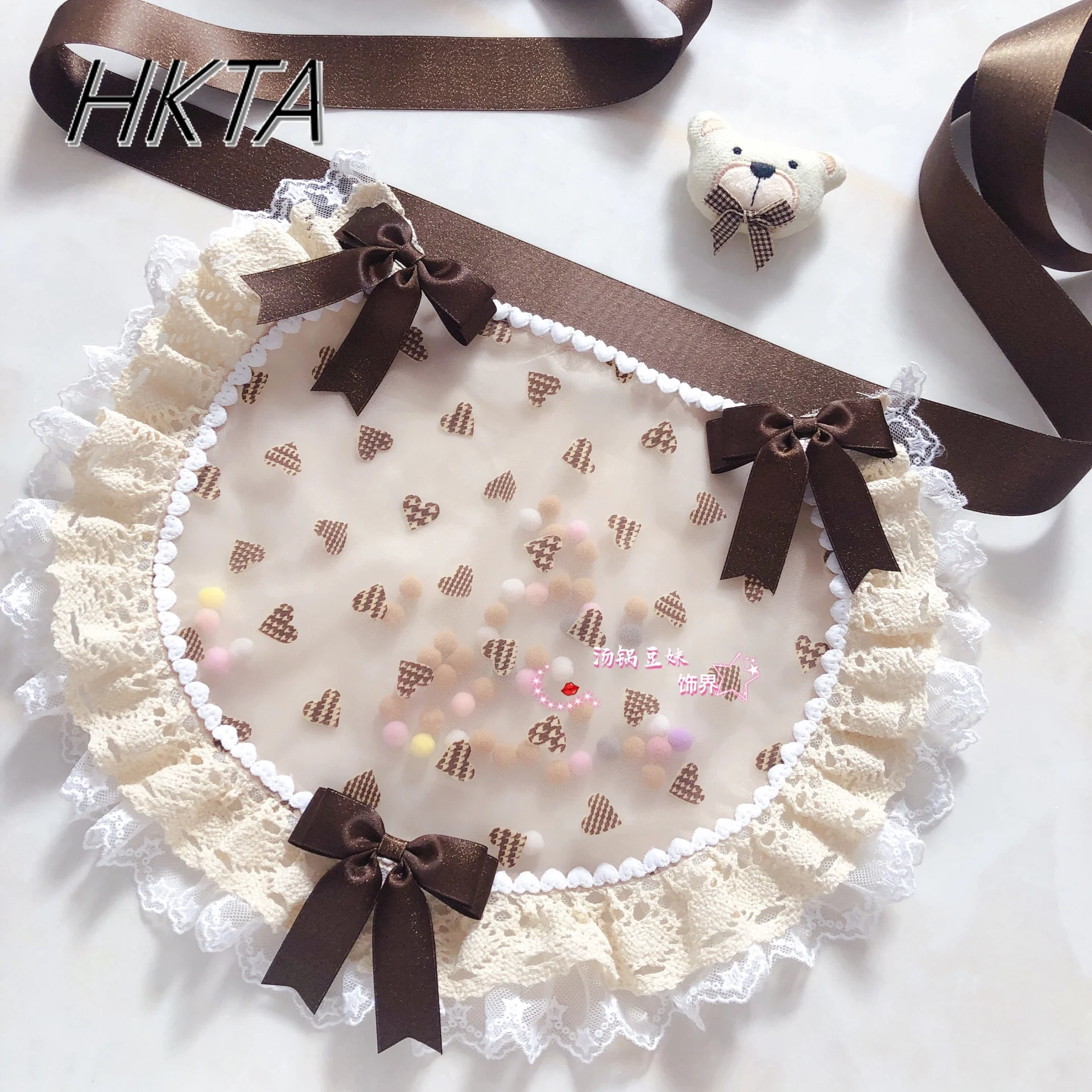 Original Lolita Handmade ญี่ปุ่นน่ารักผ้ากันเปื้อนผู้หญิงสาวหวานโบว์น่ารักลูกไม้กาแฟสีชมพูสีเขียว Bowknot ผ้ากันเปื้อนขนาดเล็ก