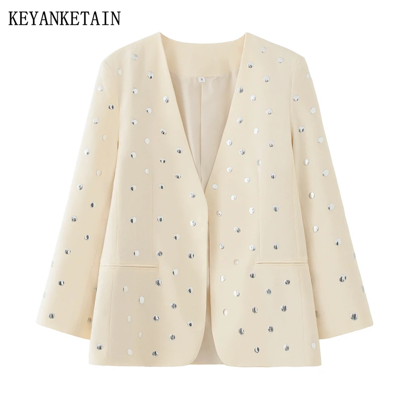 KEYANKETIAN 2025 Spring/Autumn New Women's Rivet Decoration Suit Coat Grunge style V-Neck  Loose Mid-length Outerwear Cardigans