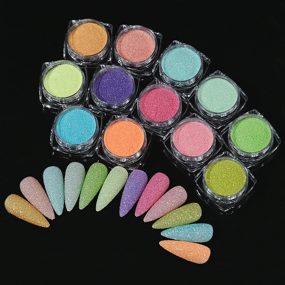 12pcs Glitter Candy Sugar Sand Nail Powder Colorful Iridescent Woolen Coat Pigment Manicure Sugar Effect Shiny Dust Nail Decor *