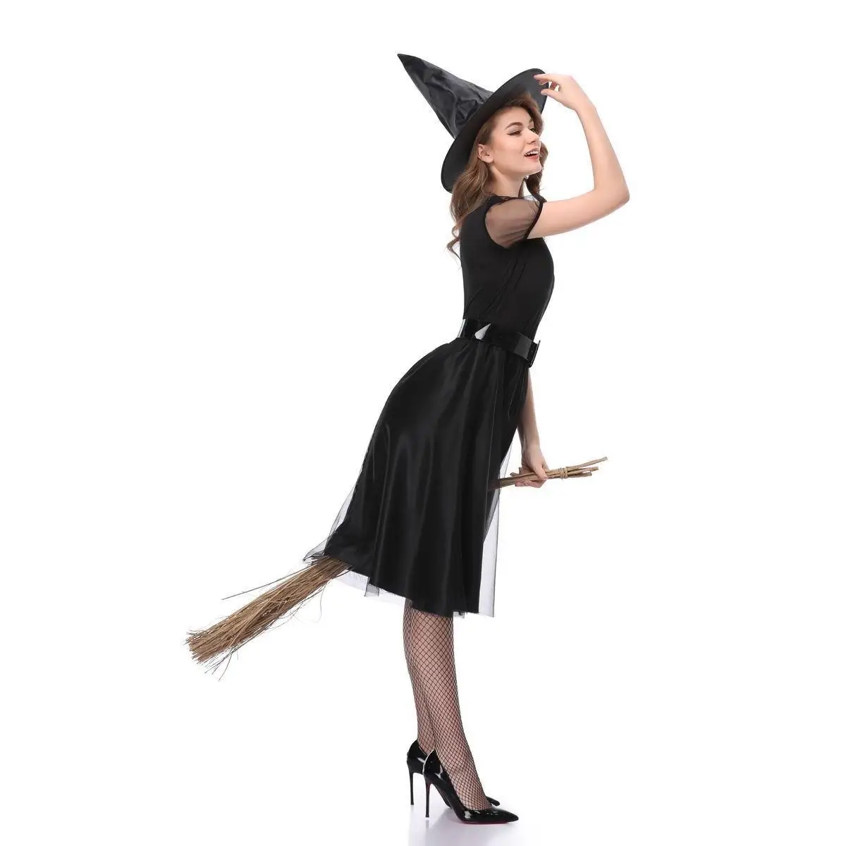 زي ساحرة أسود جديد لعيد الهالوين، زي أنيق للشبح لعروض المسرح، زي ساحرة ليلية للنساء مصنوع من الكتان