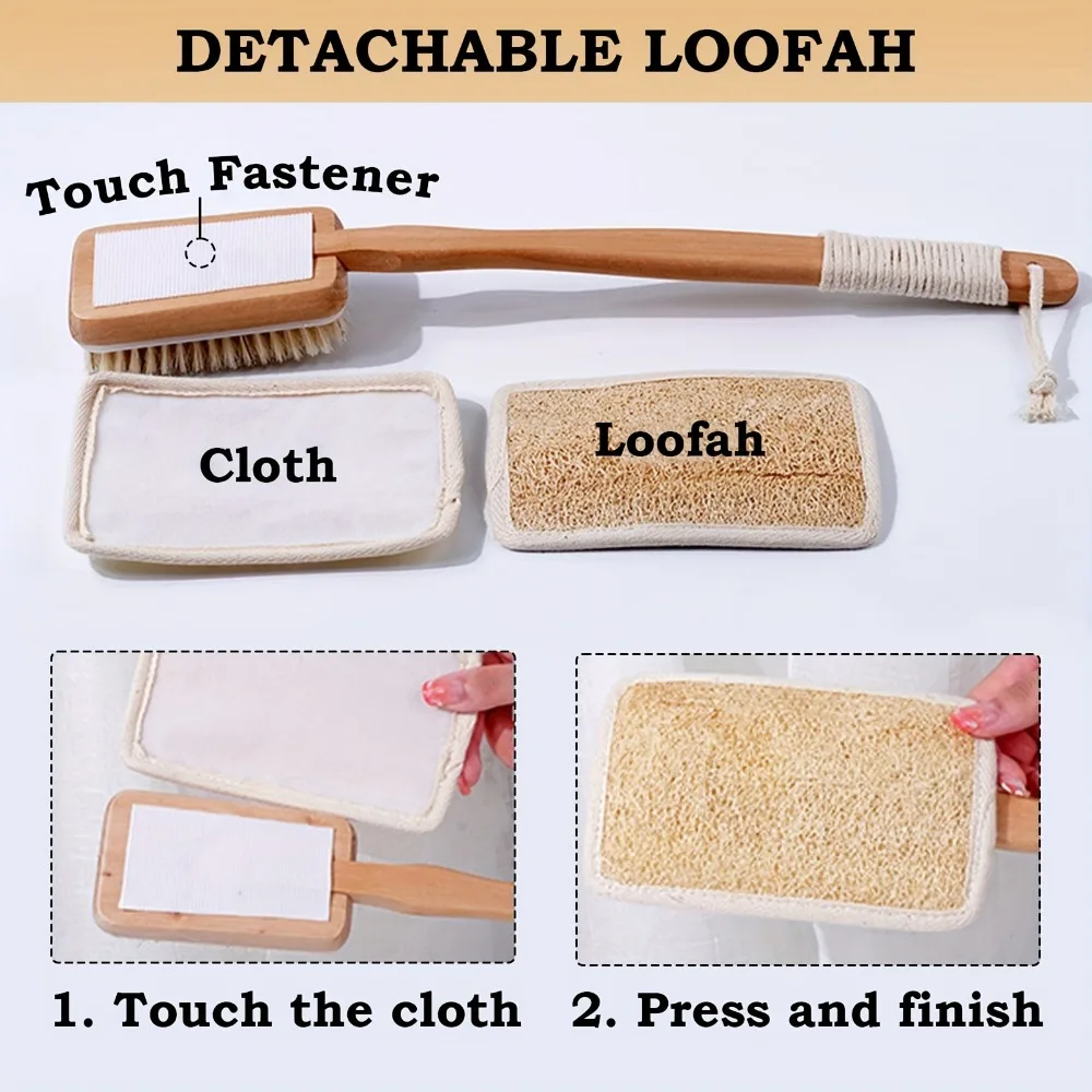 Long Wooden Handle DoubleSided Bath Brush Back Scrubber Natural Bristle & Loofah Shower Exfoliating Body Brush Bathroom Tool