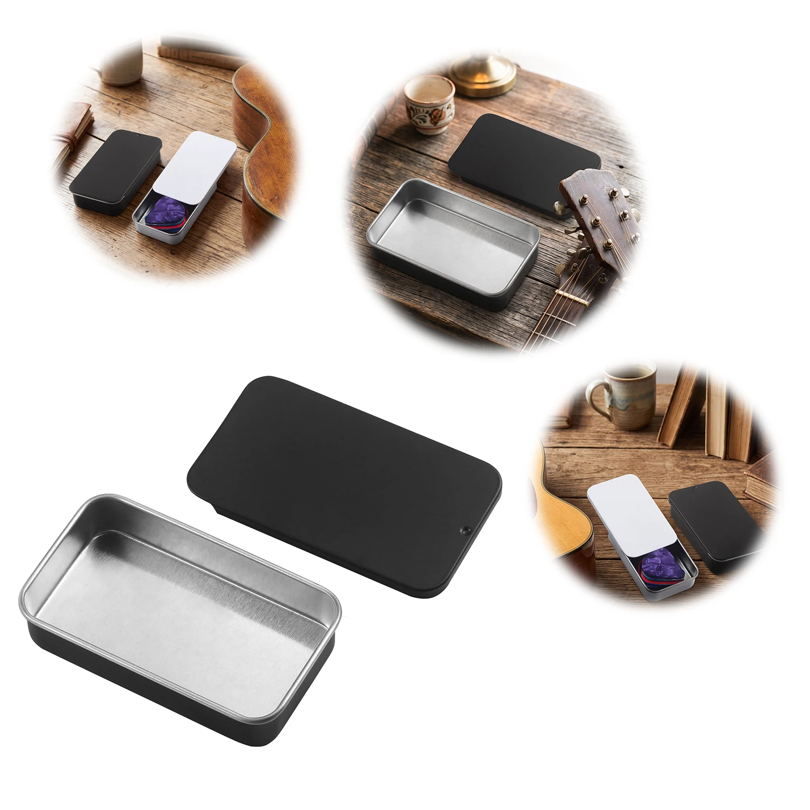 Guitar Pick Case Tin Box 2 Pack Slide Lid Metal Pick Holder Stores 30 Picks 5 Celluloid 0.7mm Picks Black White