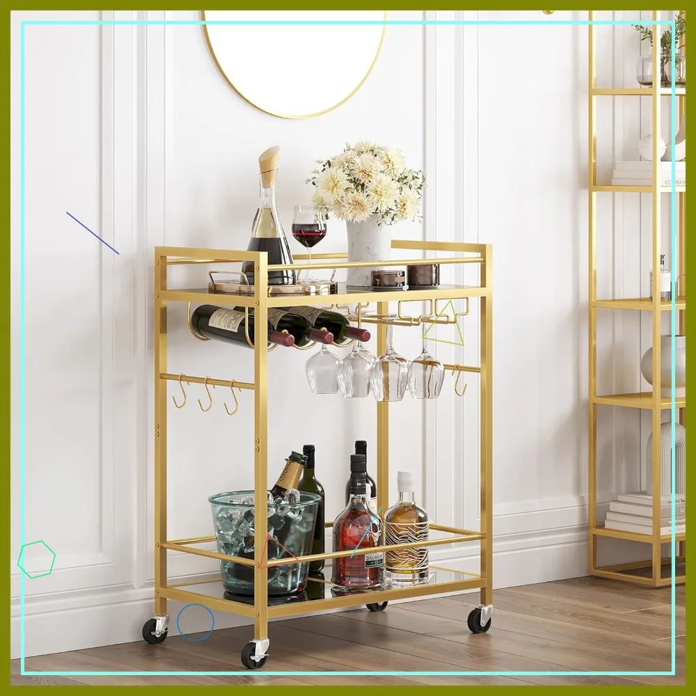 

Gold Rolling Bar Cart with Wine Rack & Glass Holder, Mobile Kitchen Serving Cart with Brakes, 3-Tier Storage
