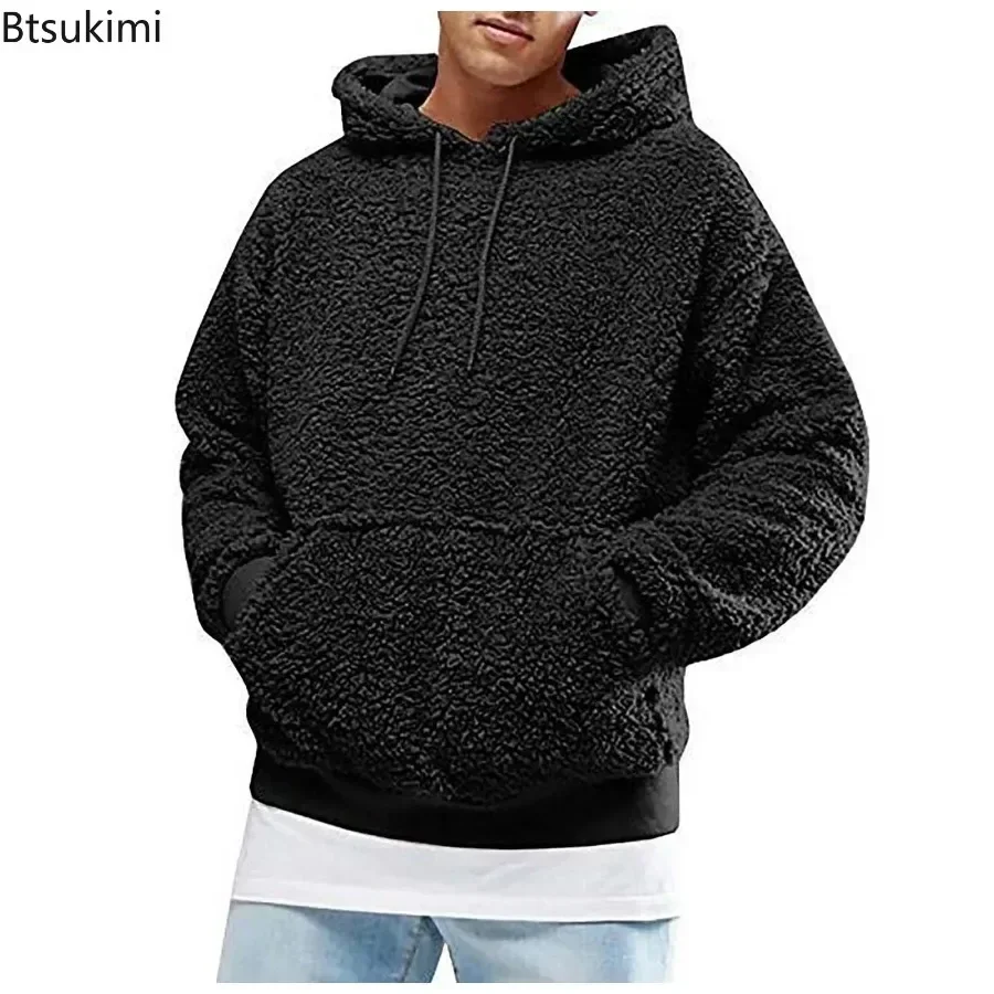 Moletom fofo e grosso masculino, moletom de lã, tops casuais com capuz, casaco monocromático masculino, pulôver, outono, inverno, 2024