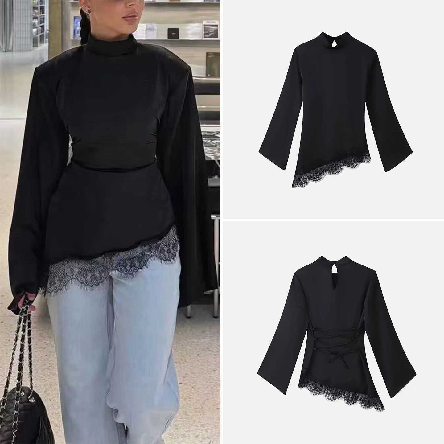 

Women's Fashionable Lace High Collar Slim Fit Shirt Spring 2026 Wide Shoulder Hem Trimmed Top European Style Long Sleeve