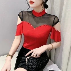 2023 New Summer Korean Clothes T-Shirt Women Fashion Sexy Stand Patchwork Mesh Rivet Tops Short Sleeve Shiny Casual Tees 35050