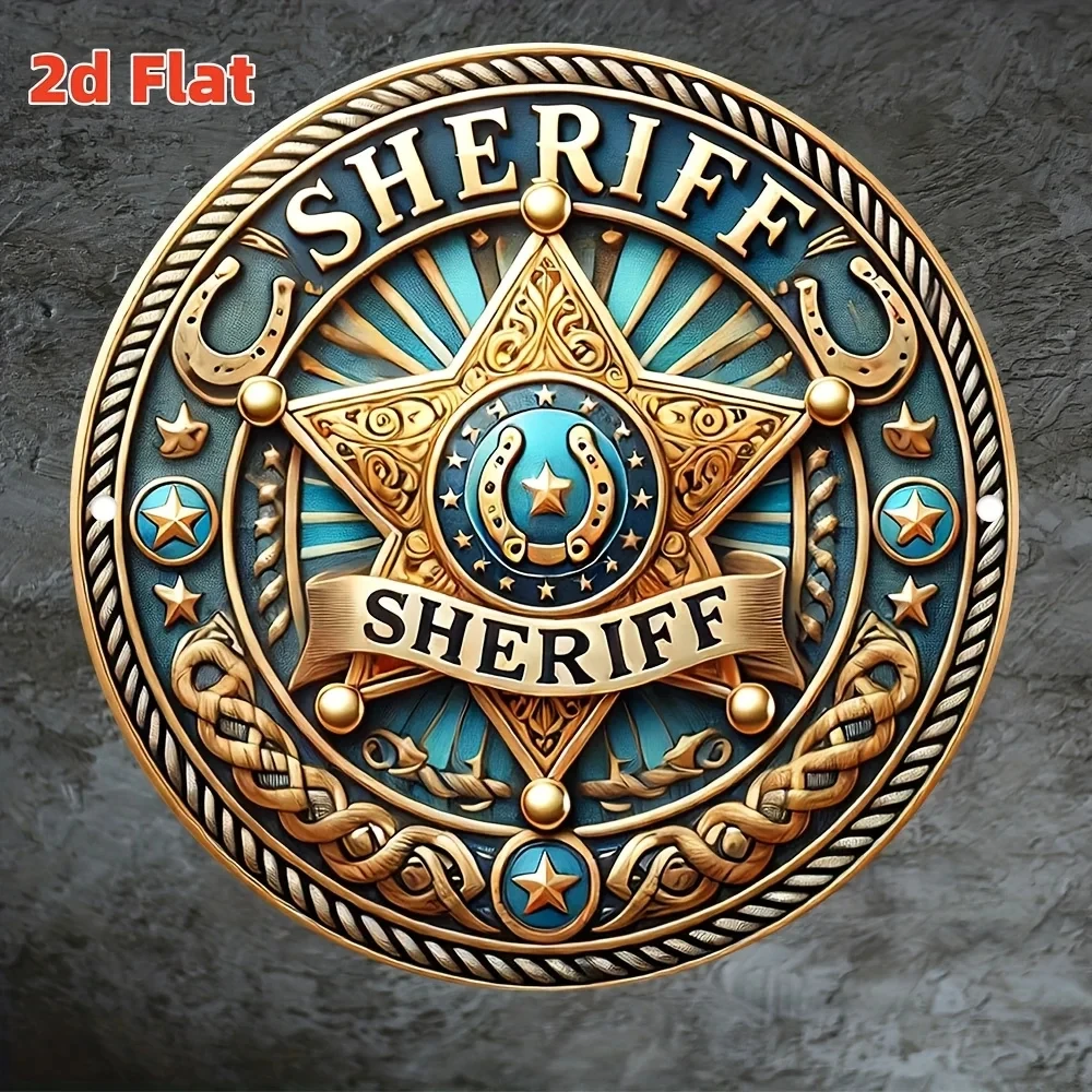 2D Flat, 1-Piece Vintage Sheriff Badge Round Decorative Plaque - 7.87inch Vintage Western Police Badge with Star Design, Blue and Gold Aluminum