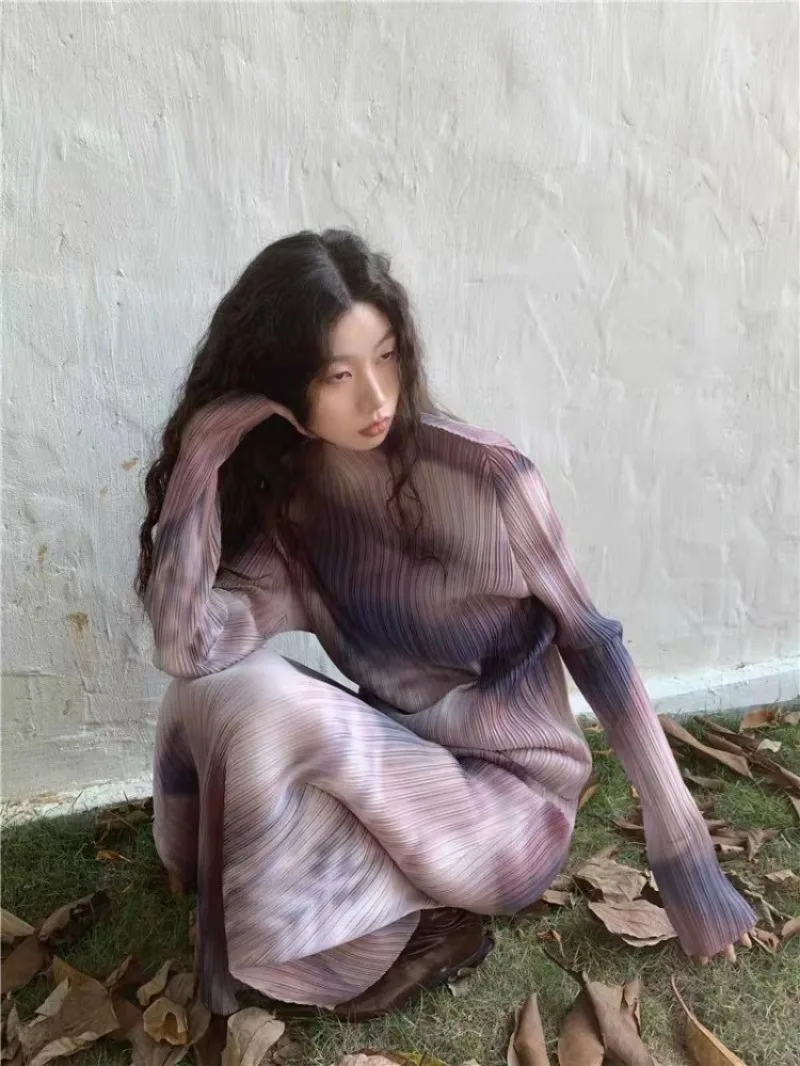 Vintage Print Half-high Collar Long Sleeve Tops Women+ High Waist All-match Mid-length Skirts 2026 Autumn New Two Piece Sets
