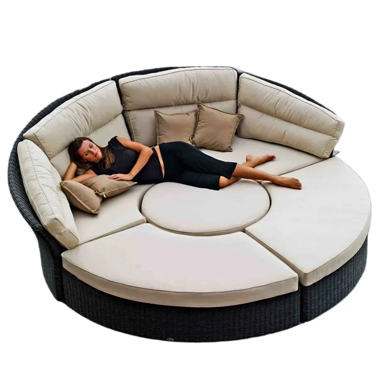 Outdoor Furniture Villa Garden Balcony Rattan Sofa Pool Round Bed Sofa Leisure Table and Chair Combination Sofa Promotion