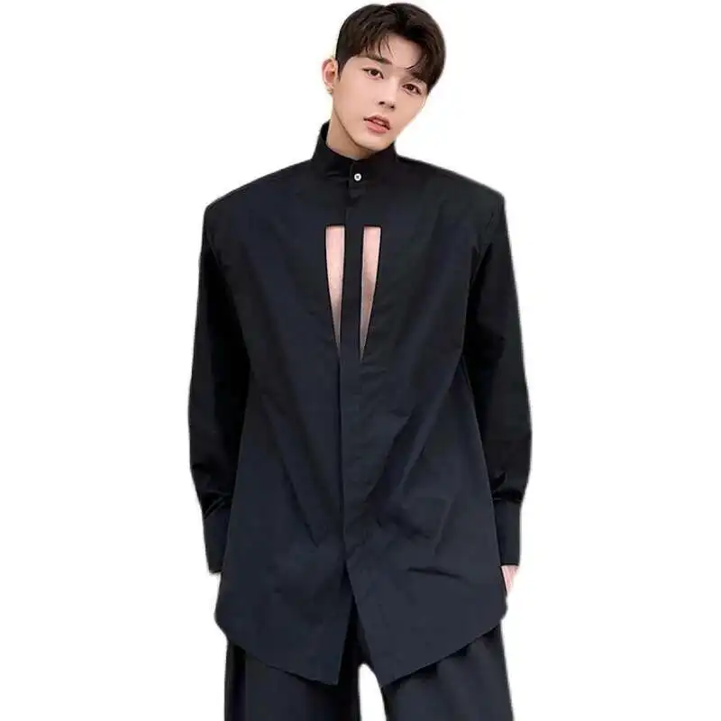 LUZHEN 2025 Hollow Out Design Casual Tops Men\'s Casual Korean Fashion Stand Collar Shirts Spring New Niche Design Clothes A38be8