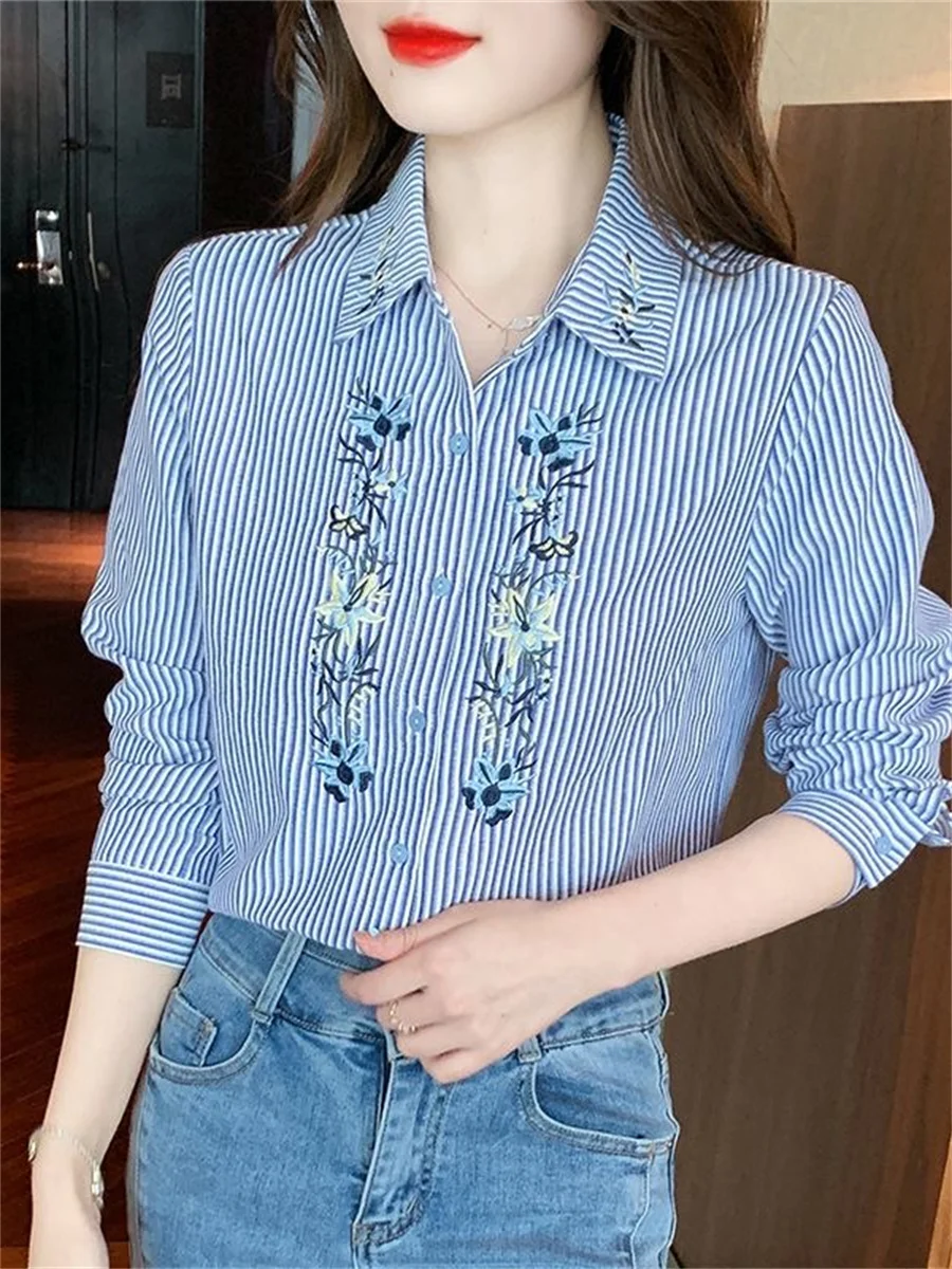 Embroidery Women Spring Autumn Blouses Shirts Lady Casual Long Sleeve Turn-down Collar Striped Printed Blusas Tops DF4781