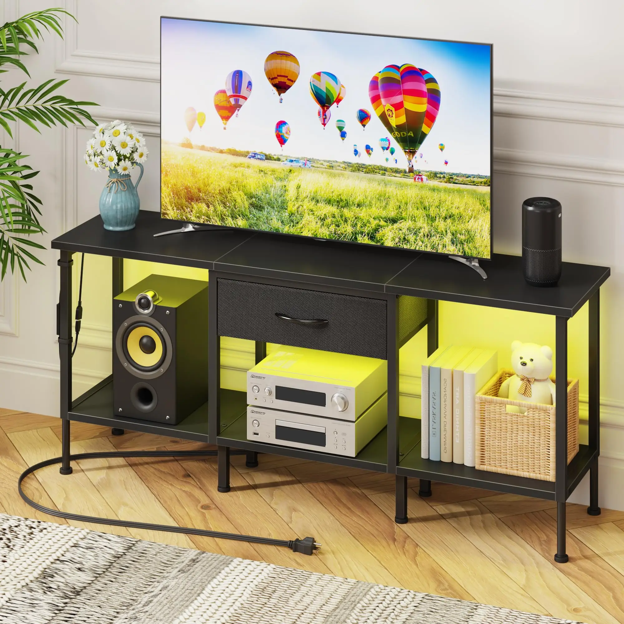 

47 Inch TV Stand For 65/60/55 Inch TVs Entertainment Center With Power Outlet And Fabric Drawer Industrial Rustic Console Table