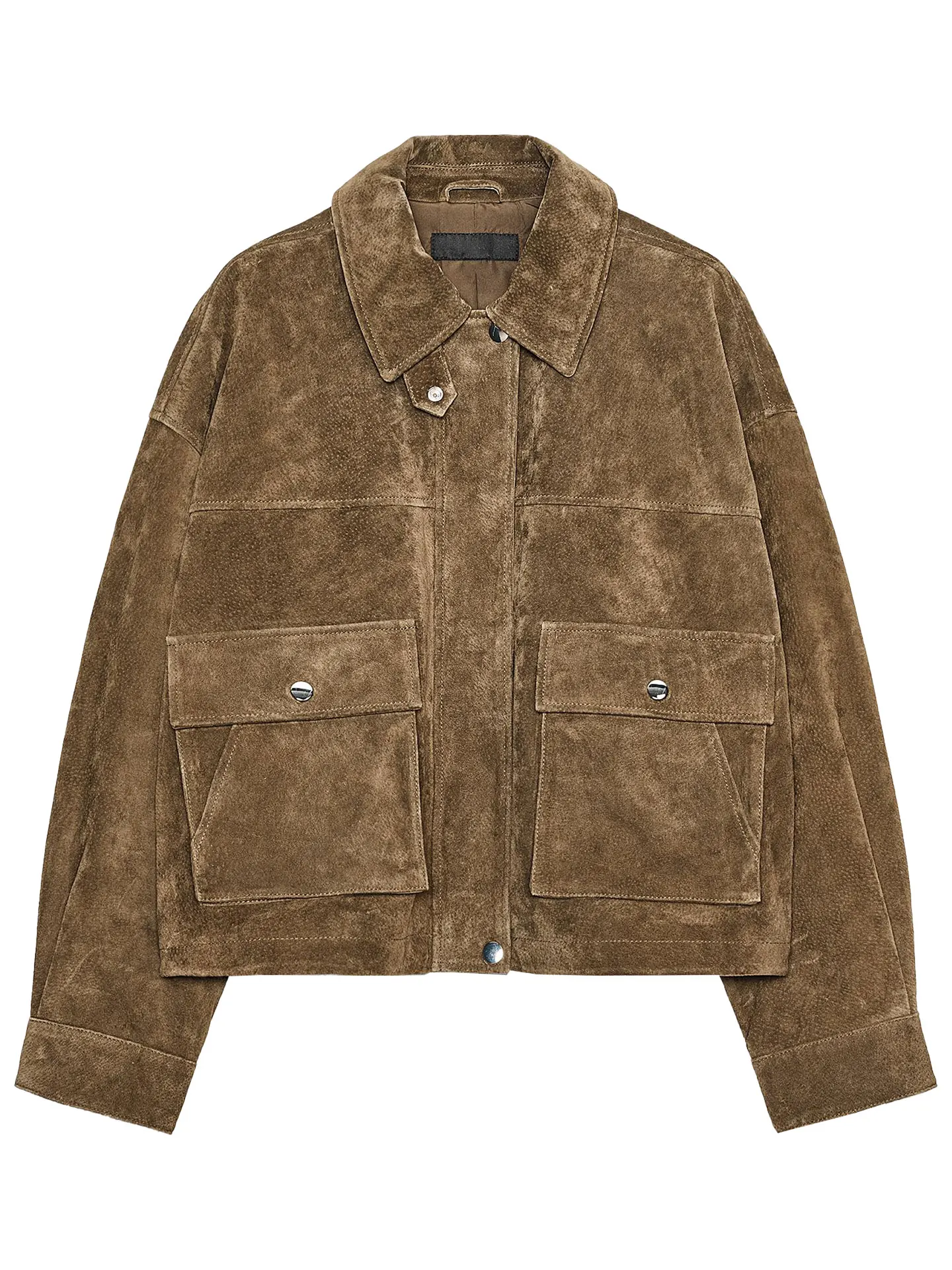 ZAPRHA 2025 Autumn Faionable Leather Pilot Collar Long Sve Jaet Outerwear Versatile Women's Casual Sle ort Coat