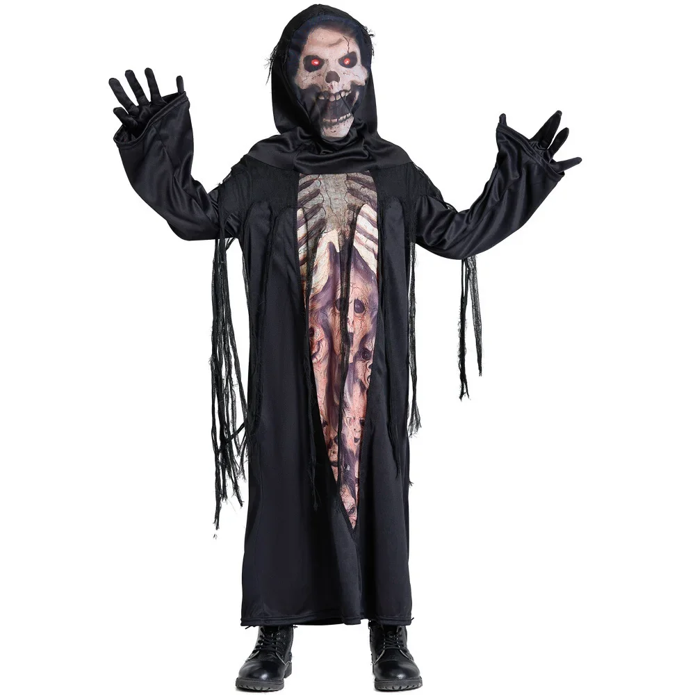 Family Matching Grim Reaper Costume Skull Robe Hooded Cape Staff Halloween Cosplay Scary Night Party Trick or Treat Outfit PS66