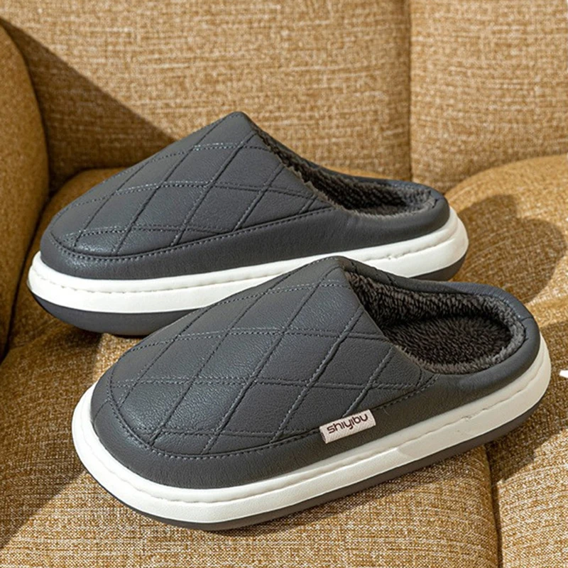 

Men Winter Slippers PU Leather Warm Plush Women Waterproof Home Shoes Anti Slip EVA Thick Sole Indoor Outdoor Comfortable Flats