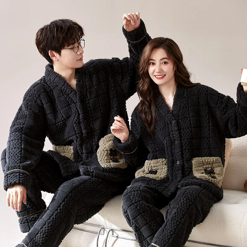 Warm V Neck Thicken Flannel Couple Winter Sleepwear Sleeping Loose Soft Korean Style Women Causal Cartoon Pajama Sets