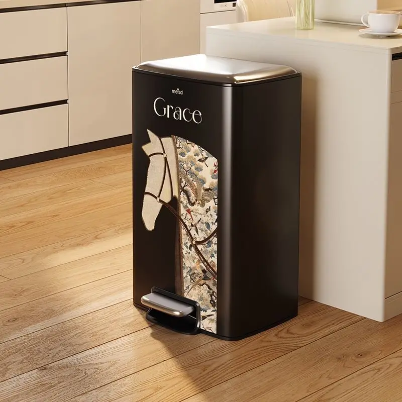 

Stainless Steel Waste Bins Foot Pedal Trash Cans Kitchen Modern Litter Bin Living Room Large Capacity Garbage Can with Lid