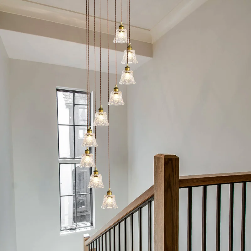 

REVEN Nordic Modern Ceiling Light Dimmable Glass Pendant Lamp Floral Brass Chandelier Height-adjustable for Interior staircase