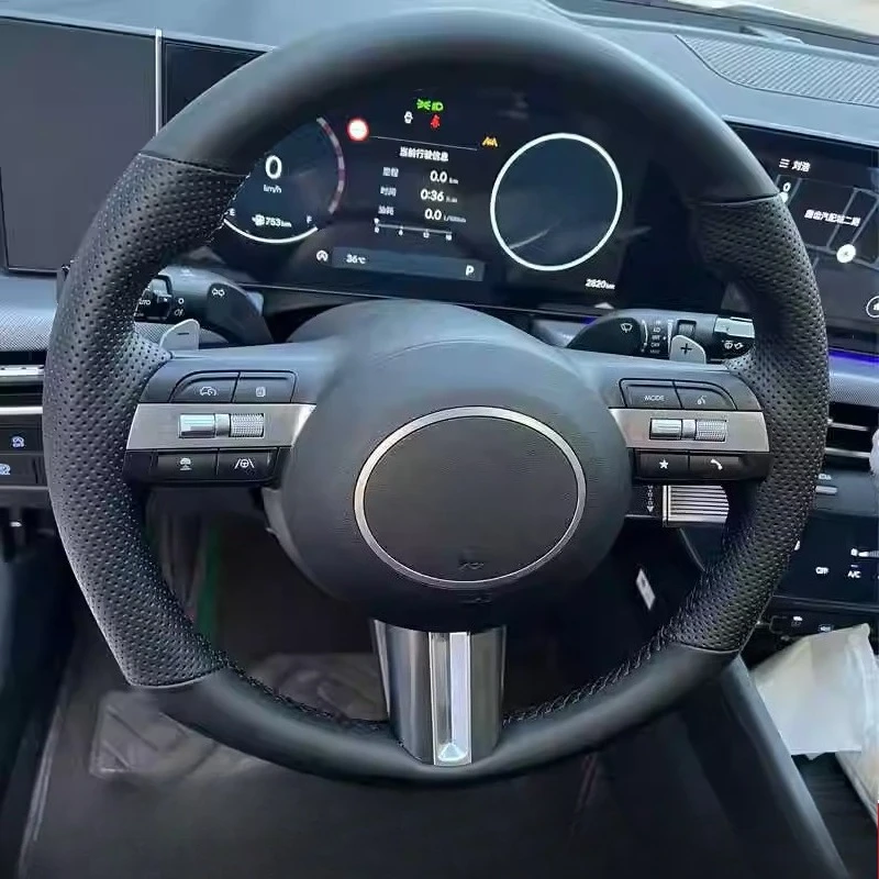 

Для Hyundai Sonata 10th 11th Kona Tucson 2023-2025 ручная прошивка черный нескользящий чехол на руль автомобиля из натуральной кожи