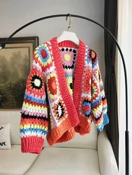 BOHO INSPIRED Square Crochet Cardigan Woman V Neck Hand Knitted Long Sleeve Cardigan Sweater Autumn Winter Bobo Cardigan Coat