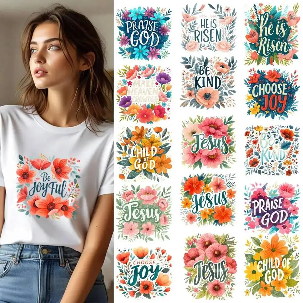 25CM Fine Christian Floral Jesus Faith Letter Transfer Patches For Clothes DIY A-Level Washable Shirt Iron-on Thermal Stickers