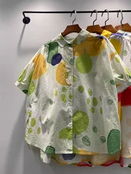 Women's beach shirt 100% cotton harajuku fashion blue yellow green cartoon geometric print oversized shirts large size tops