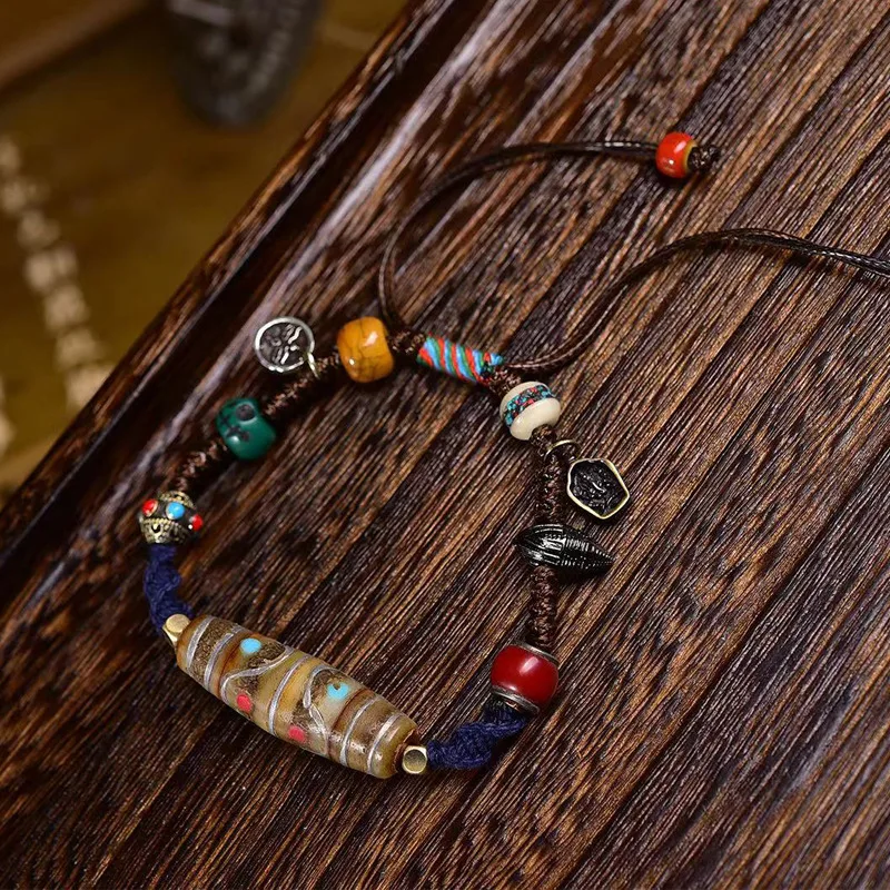 Yak Bone and Old Silver Inlaid Multi-Treasure Dzi Bead Hand-Woven Adjustable Tibetan Style Vintage Bracelet
