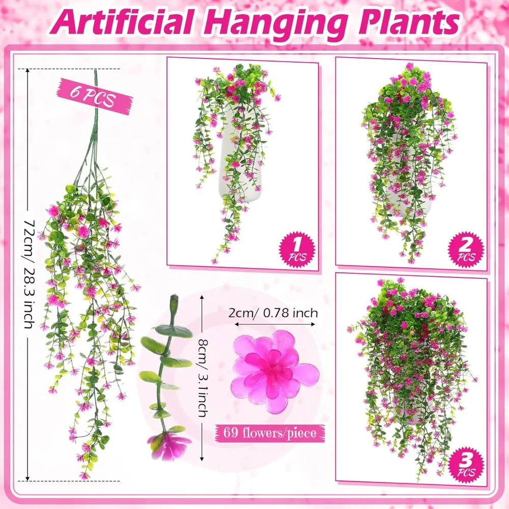 6 Pcs Artificial Hanging Ferns with Flowers for Indoor/Outdoor Decor, Ivy Vines for Room, Wedding, and Fall Decoration.