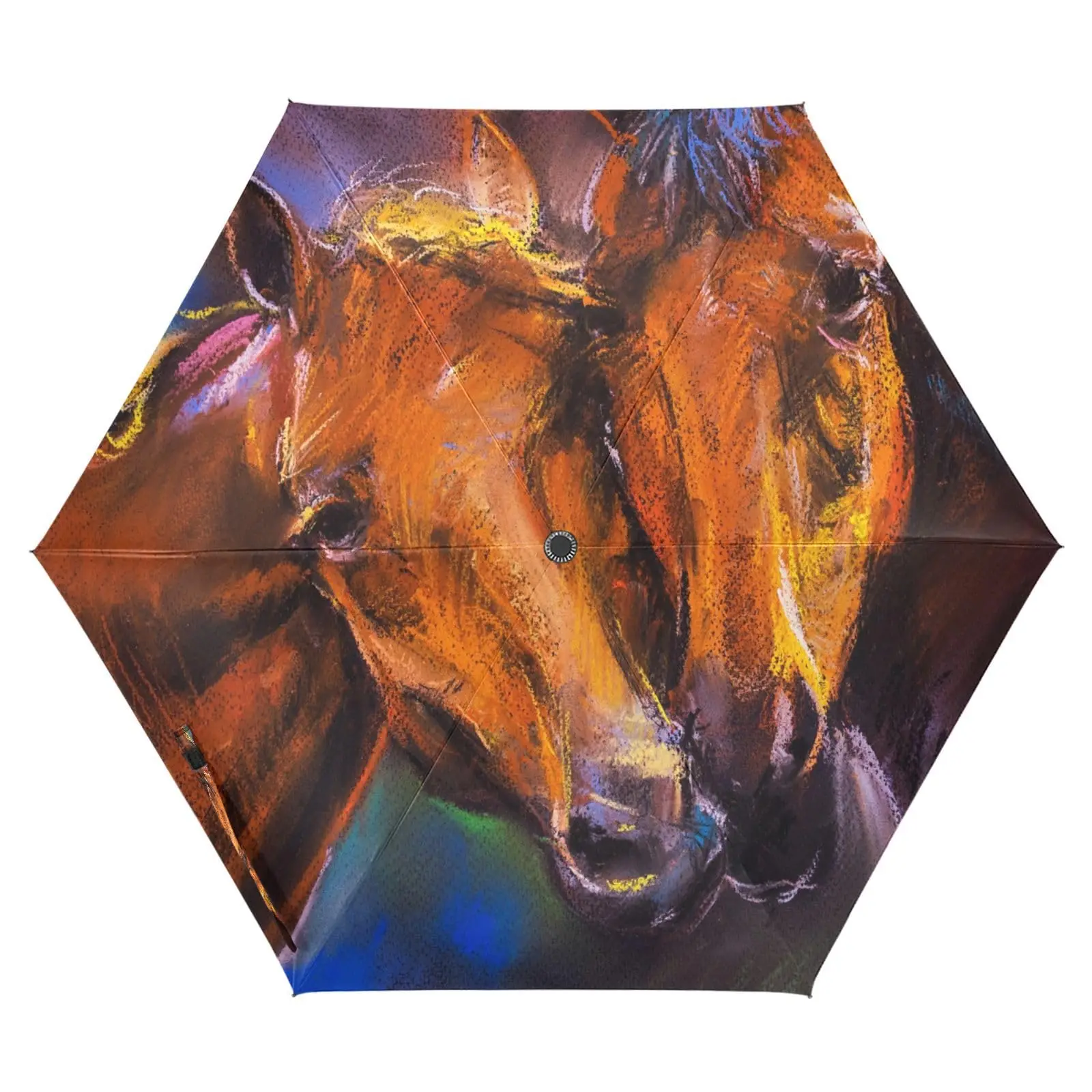 Funny Oil Painting Horse Rain Sun Umbrellas Watercolor Farmhouse Animal Lightweight Windproof Folding Travel Umbrella for Adults