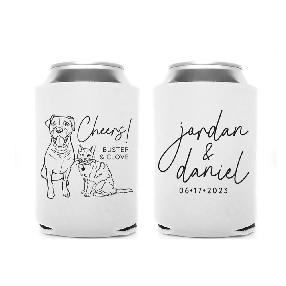 

Wedding Can Cooler #213R - Custom Pet Illustration - Cheers - Wedding Favors, Beverage Holder, Wedding Favor, Can Holder, Can In