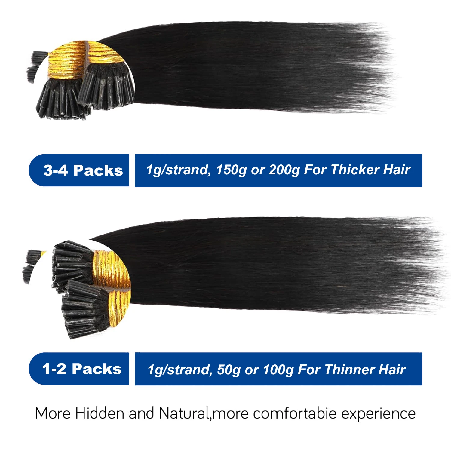 Extensiones de cabello liso con punta I, 50G/100G, extensiones de cabello indio crudo, 100% extensiones de cabello humano sin procesar, negro Natural 1B