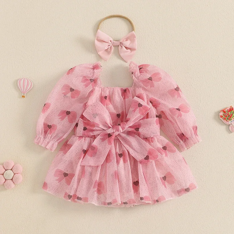 Baby Girls Rompers Dress Bowknot Print Long Sleeve Mesh Skirt Hem Jumpsuits with Headband Newborn Clothes