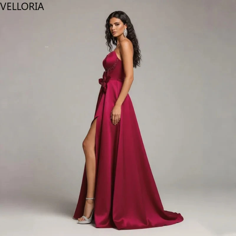 Vestido De cóctel rojo Sexy, vestido De fiesta con abertura larga y cintura De flores en 3D, vestido De baile bordado, vestidos De Fiesta personalizados