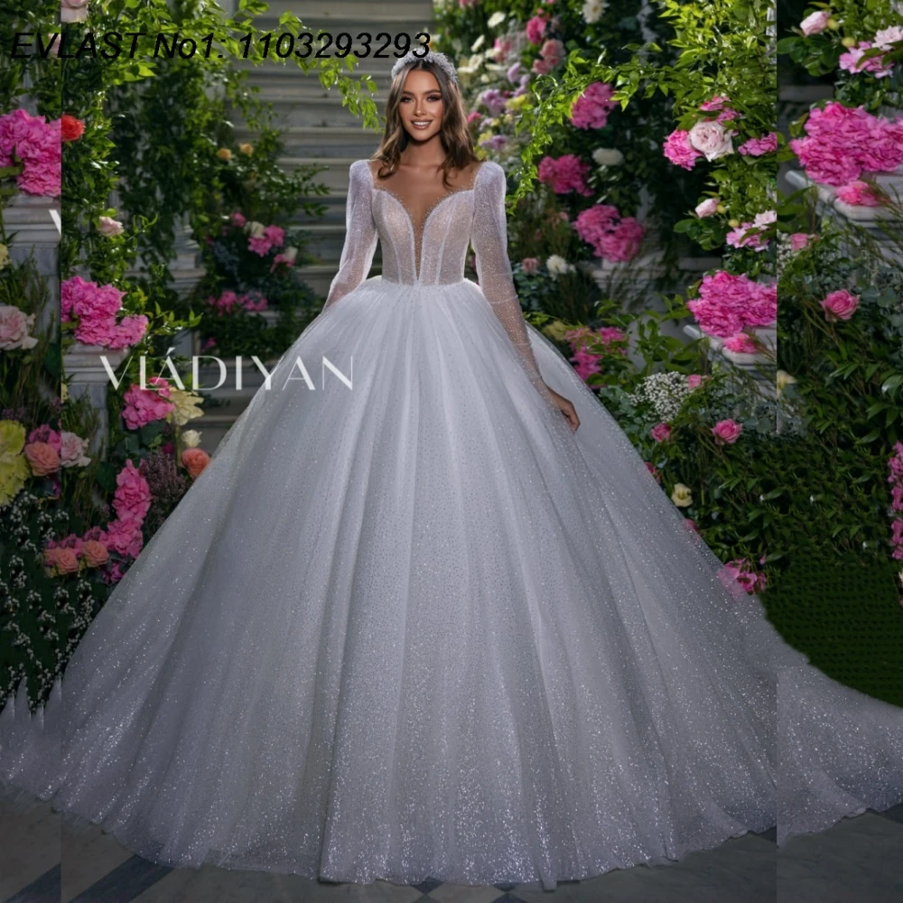 

EVLAST Customized Charming A Line Wedding Dress Long Sleeve Deep V Neck Applique Beading Shiny Bridal Gown Robe De Mariee TBD141