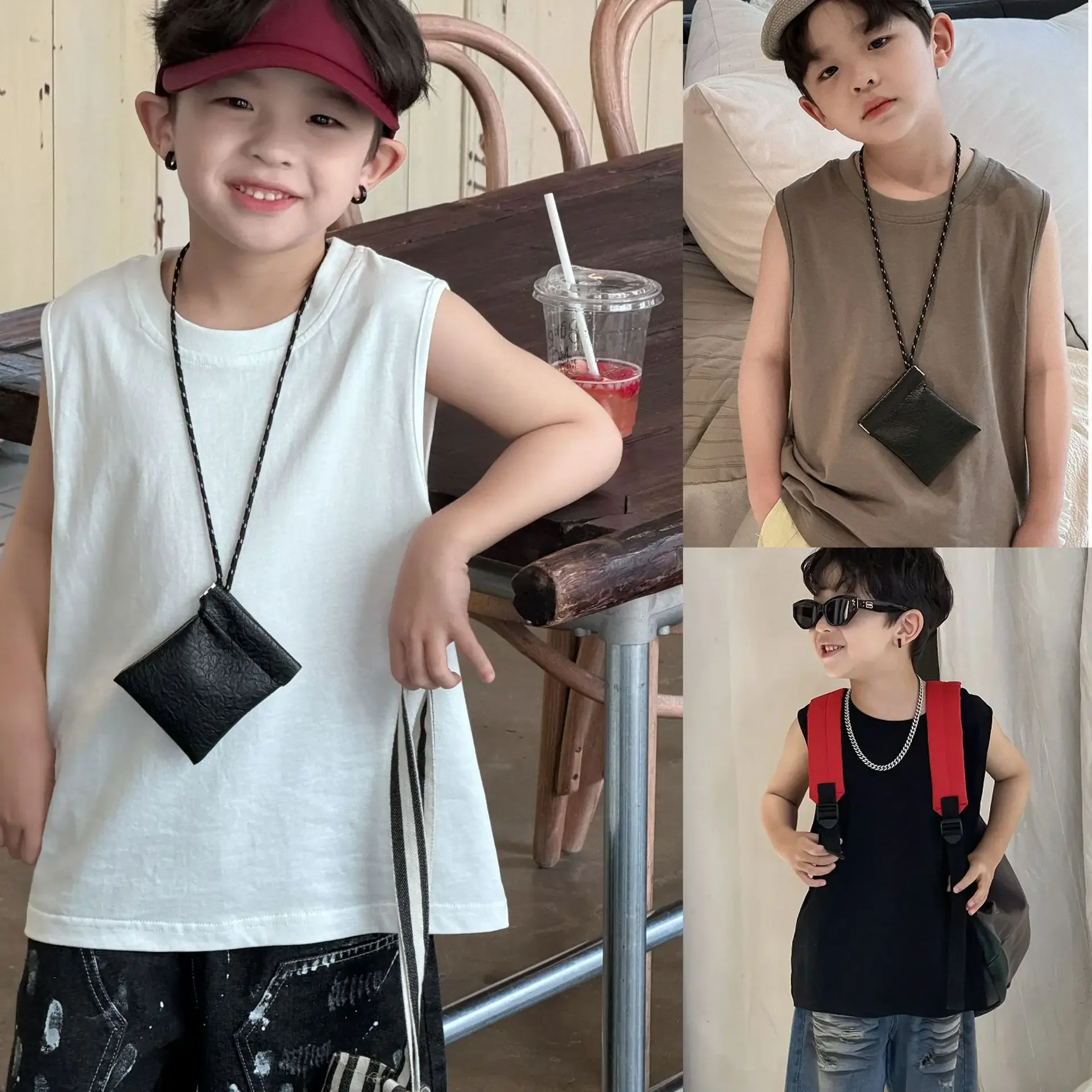 

2025 Summer New Boys' Korean Clothing Solid Color Three Color Loose Double Yarn Cotton Breathable Sleeveless Tank Top