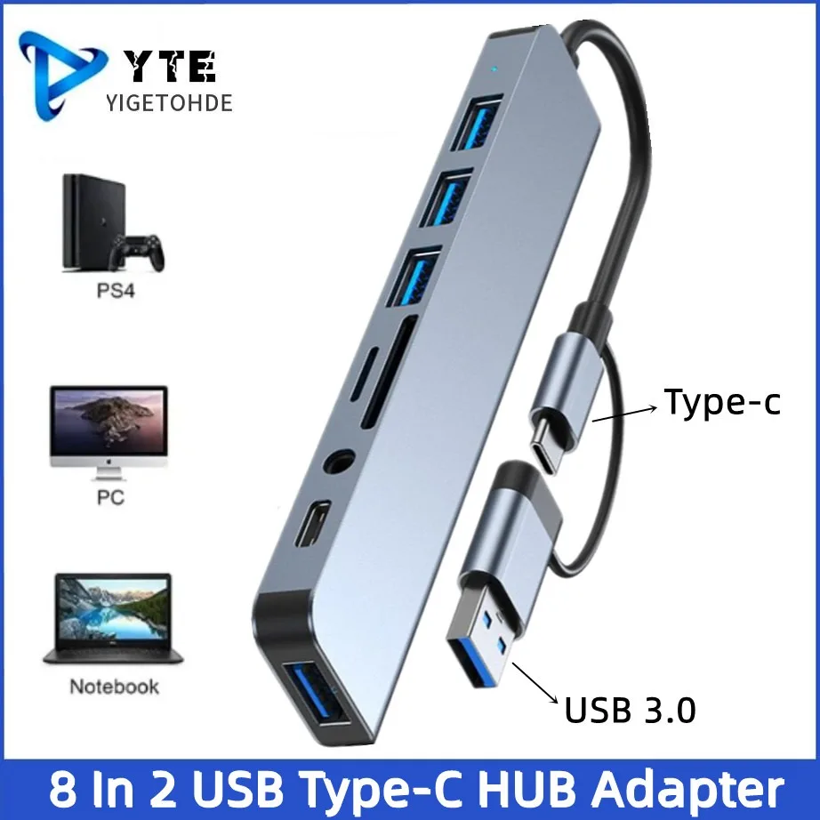 

YIGETOHDE 8-in-2 USB Type-C Hub with SD/TF Card Reader, Multiport Docking Station Adapter for MacBook Pro Laptop Tablet PC