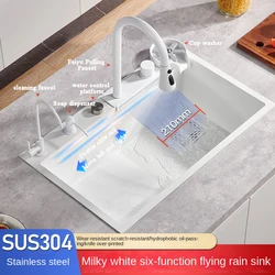 White Waterfall Kitchen Sink Flying Rain Water Outlet Large Single Slot Handmade Nano 304 Stainless Steel Vegetable Wash Basin