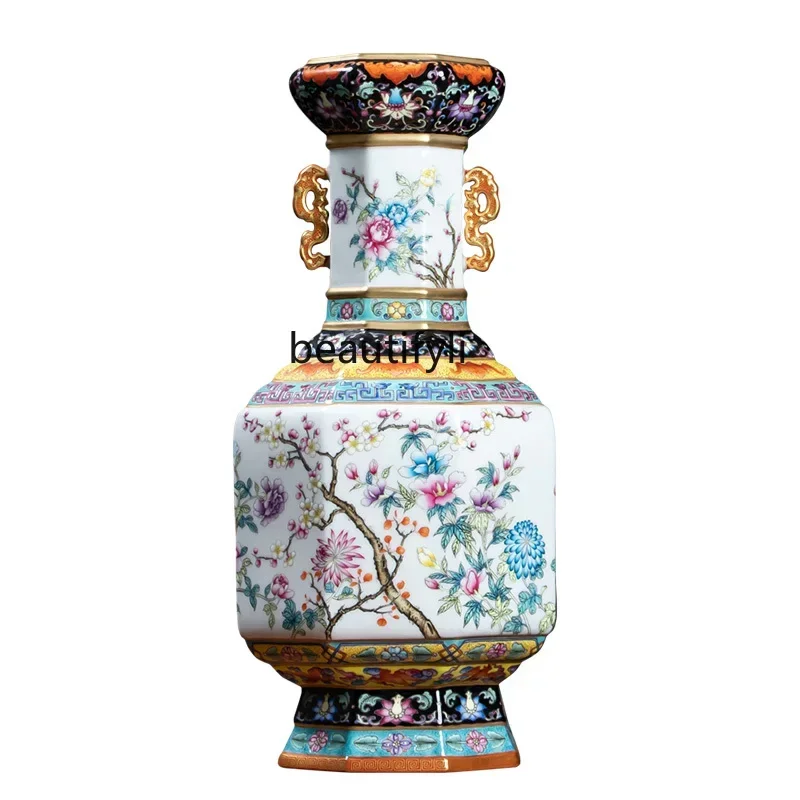 zxJingdezhen Ceramics Vase Enamel Binaural Porcelain Bottle Light Luxury High-End Home Living Room Decoration Ornaments
