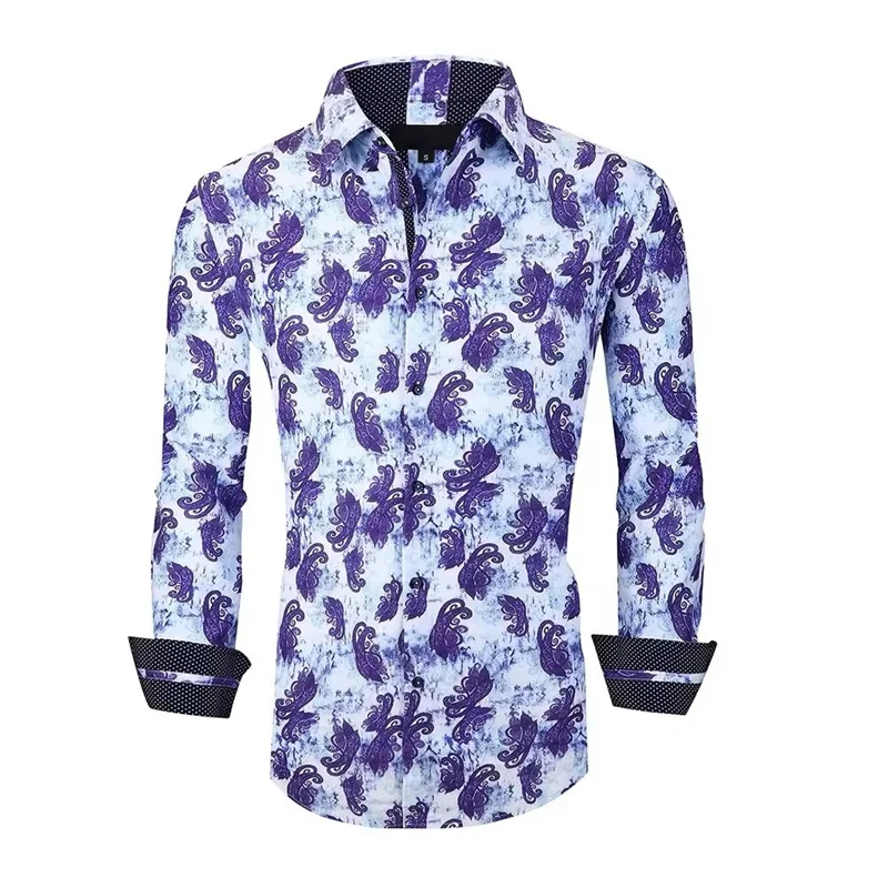 New fashion 3D floral print men's long sleeved shirt casual color party street Hawaiian lapel shirt top