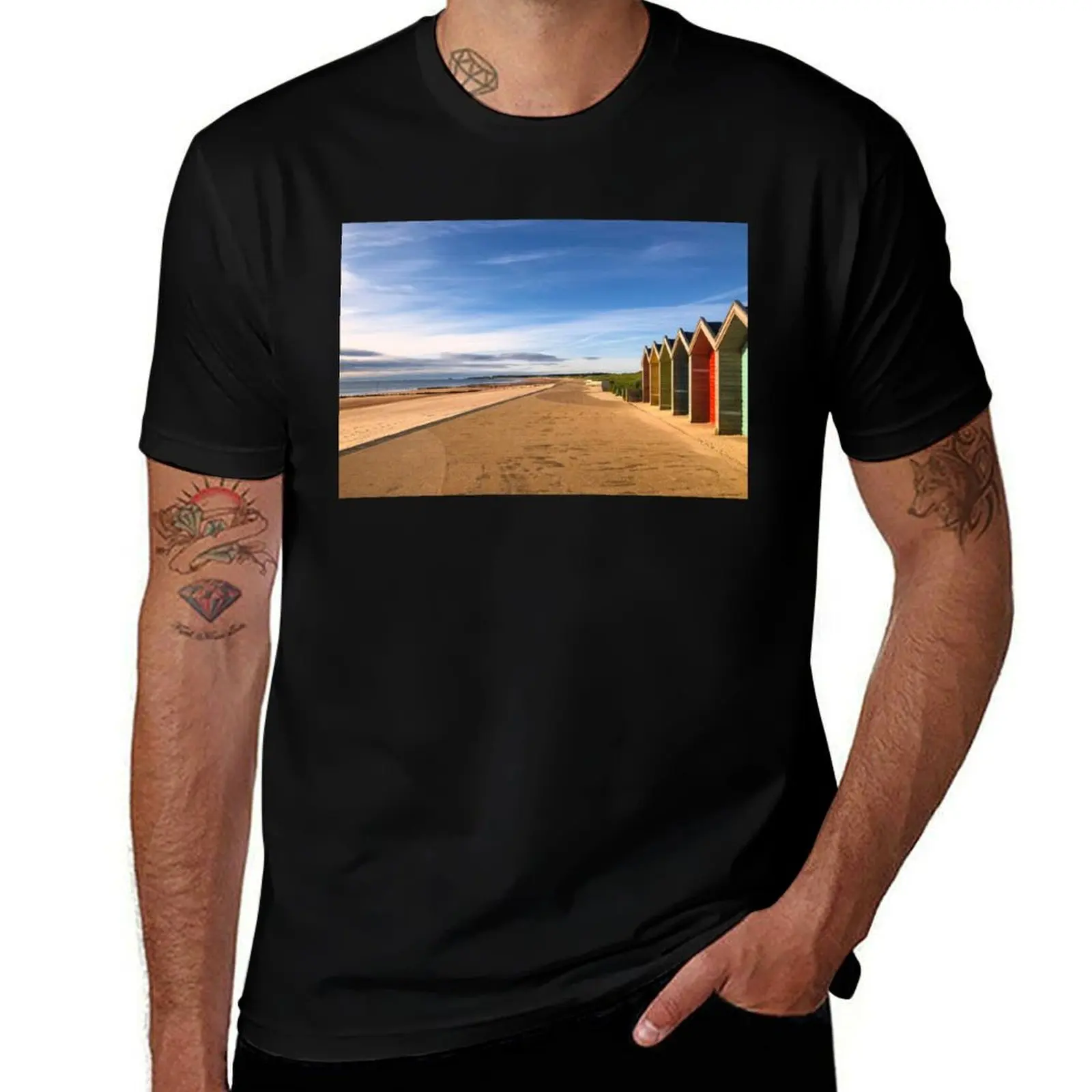

Sand, Sea, and Beach Huts at Blyth in Northumberland. T-Shirt designer shirts t shirts for men
