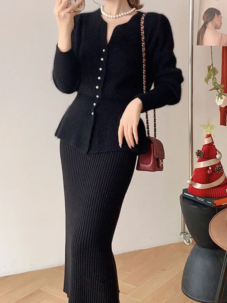 Fashion Chic Solid Color Slim Cardigan Sweater Top Y2k Women Knitted Two Piece Skirt Set New Style Elegance Tide Autumn Winter