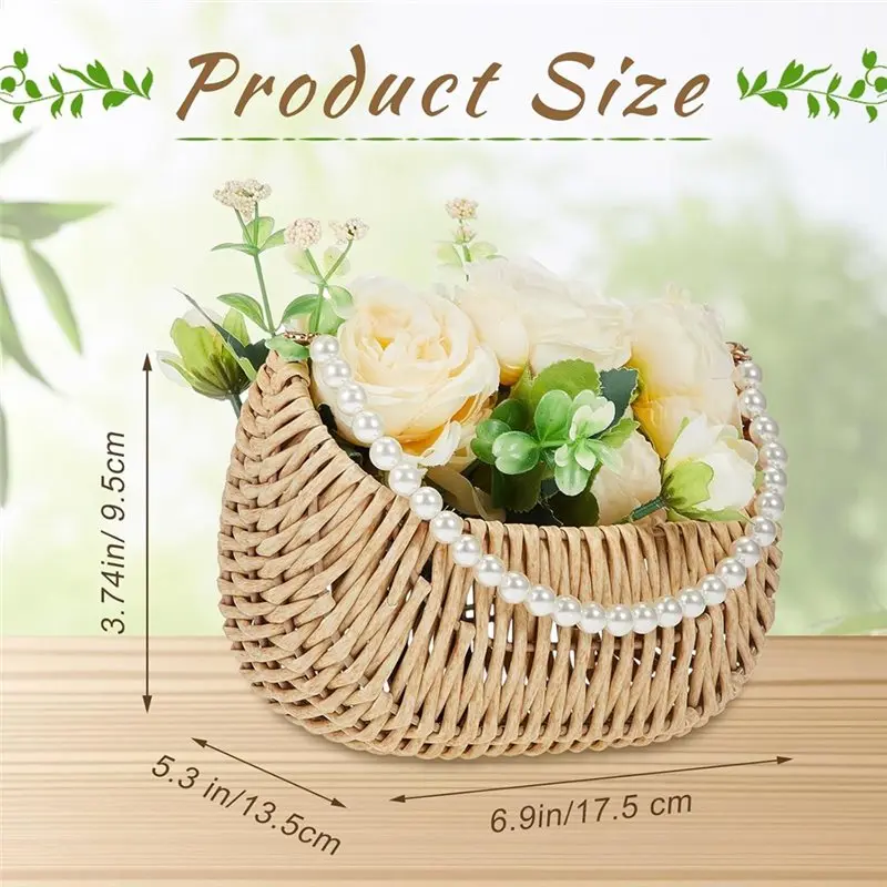 Keranjang Gadis Pengiring Pengantin BAAG-Rattan Dengan Pegangan Mutiara - 2 Buah Keranjang Rotan Setengah Lingkaran Kecil Untuk Penggunaan Pernikahan Piknik Taman