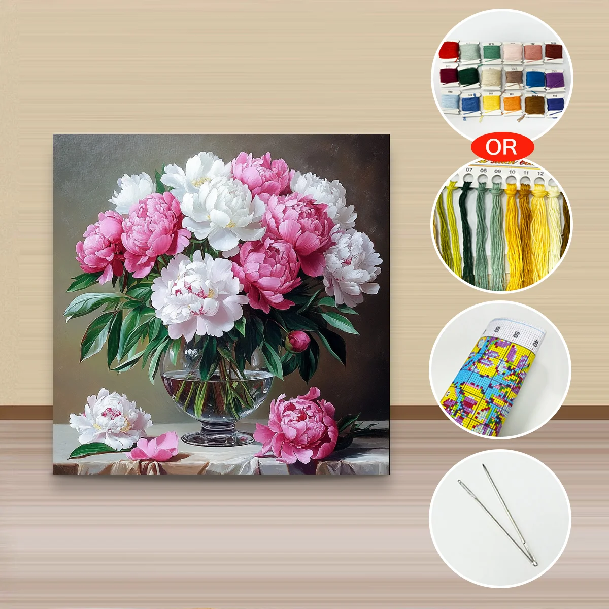 1 Stück 40x40 cm/15,74 Zoll, 11Ct/14Ct Kreuzstich-Set, DIY Valentinstagsgeschenk, Stickerei-Set für Festlichkeiten, Pfingstrosen in Vase – Detail 2