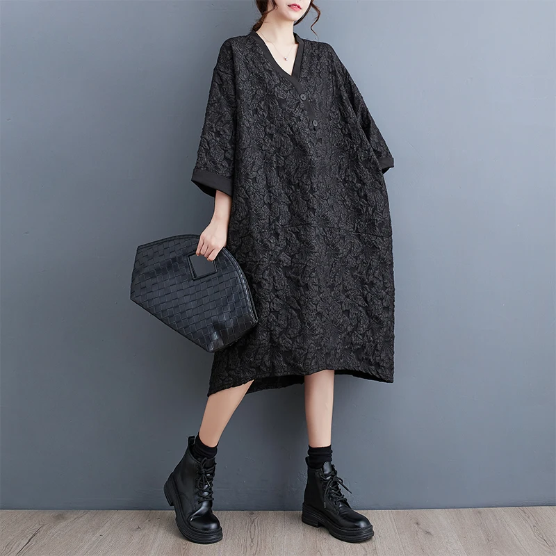 Ele V-Ne Color Blo Midi Dr Korean Sle Faion Trend Autumn Wear Large Size Crtsmanip Long Sve Dr