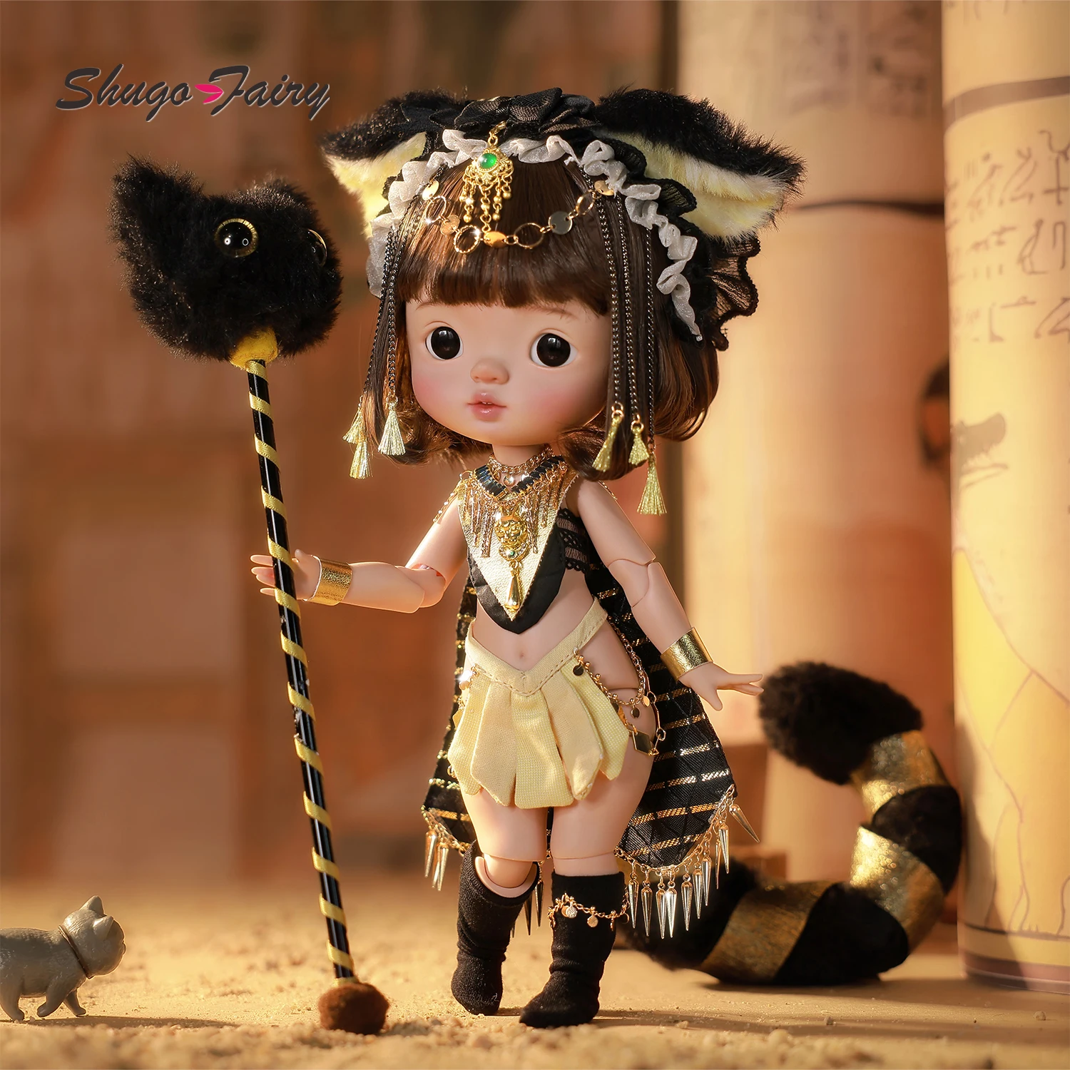 ShugaFairy Xavi D 1/6 BJD المصري - تشيبي باستيت آلهة القط الأسود القطيفة باتون اليدوية الراتنج مجموعة كاملة تحصيل