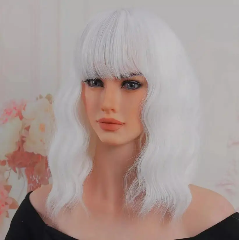 White Wig 12 Inch Short Body Wave Synthetic Wig With Bangs Cosply Party Wigs