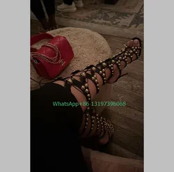 레이디 골드 미트 디자인 컷아웃 하이힐 샌들, 레이스업 오픈 토, 할로우 디자인 부츠, 빈티지 카우보이 신발, 사이즈 35-46