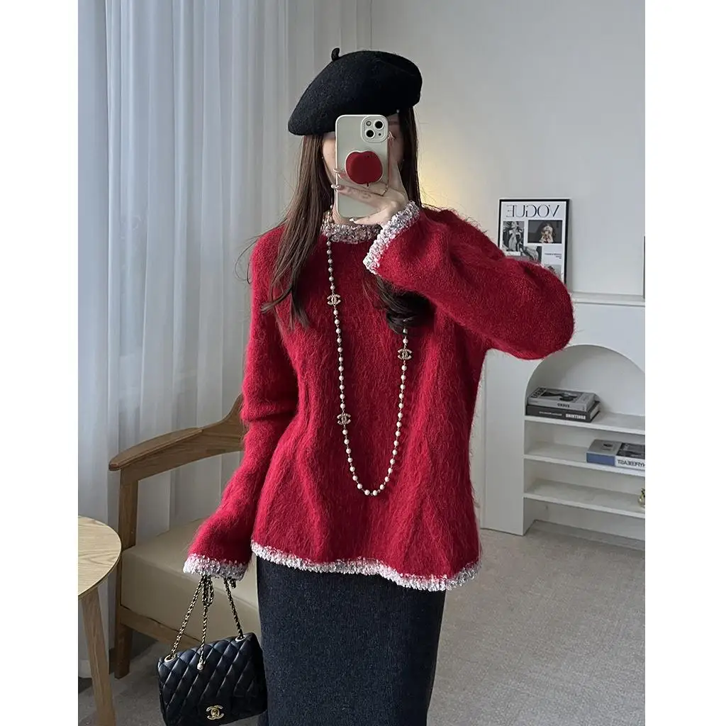 

Sweet Style round Neck Knitted Sweater Women's Fashion Design Alpaca Wool Flower Patterned Shawl Collar Long Sleeve...
