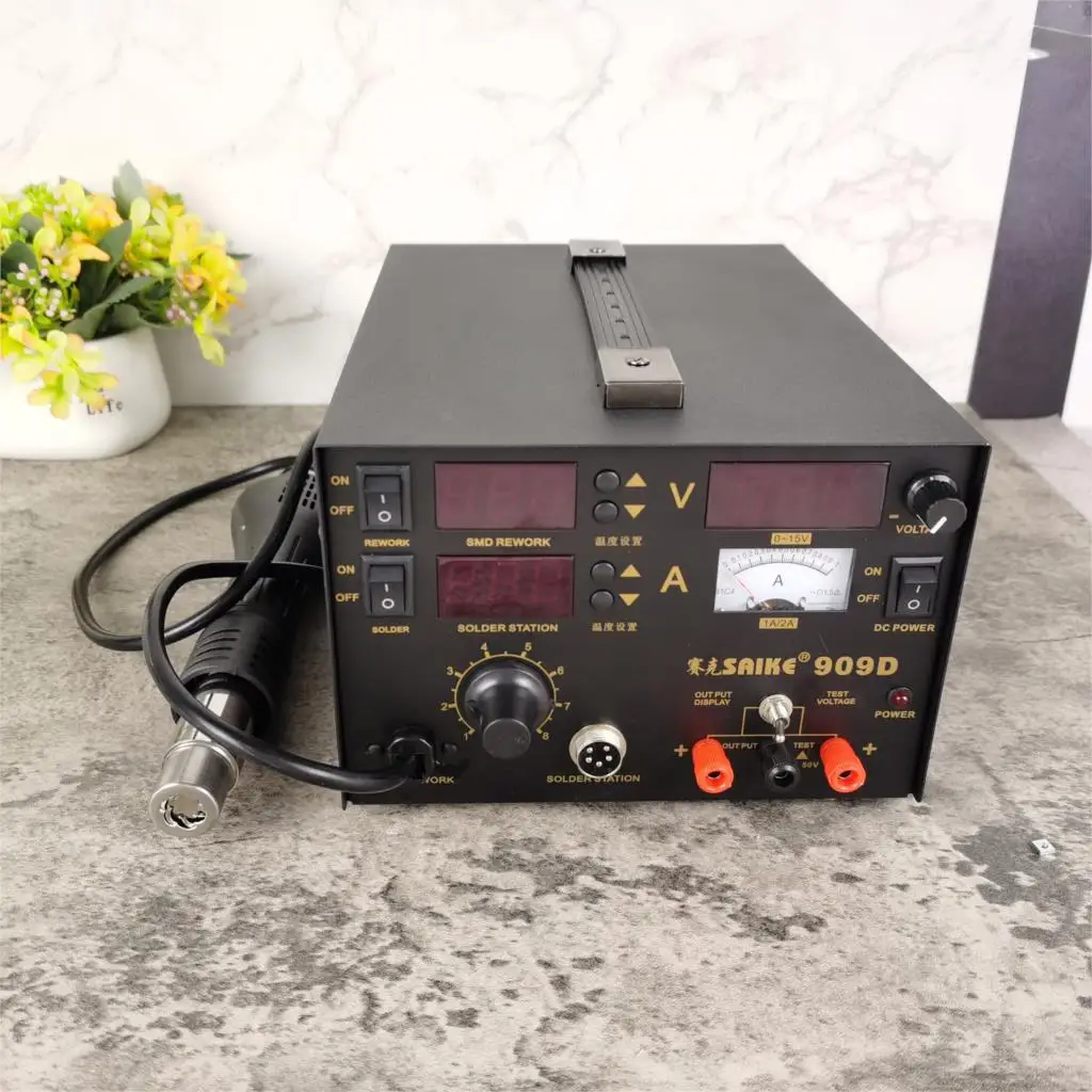 

saike 909D 3 in 1 Hot air gun rework station Soldering station dc power supply 220V or 110V US EU